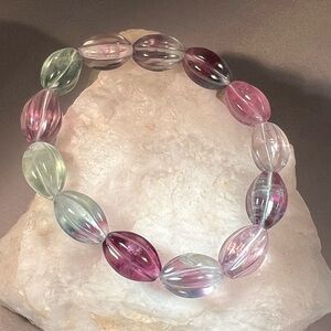 Natural Rainbow Fluorite Genuine Gemstone Carved Melon Beads Bracelet 10x14mm